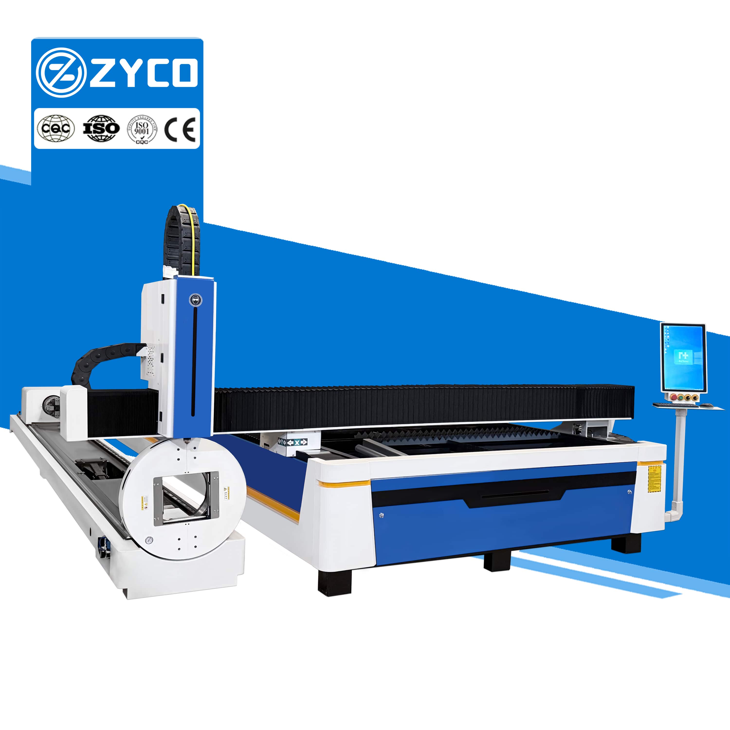 Macchina da taglio laser a fibra ZYCO per lamiere e tubi metallici, macchina da taglio laser CNC per la lavorazione di lamiere.