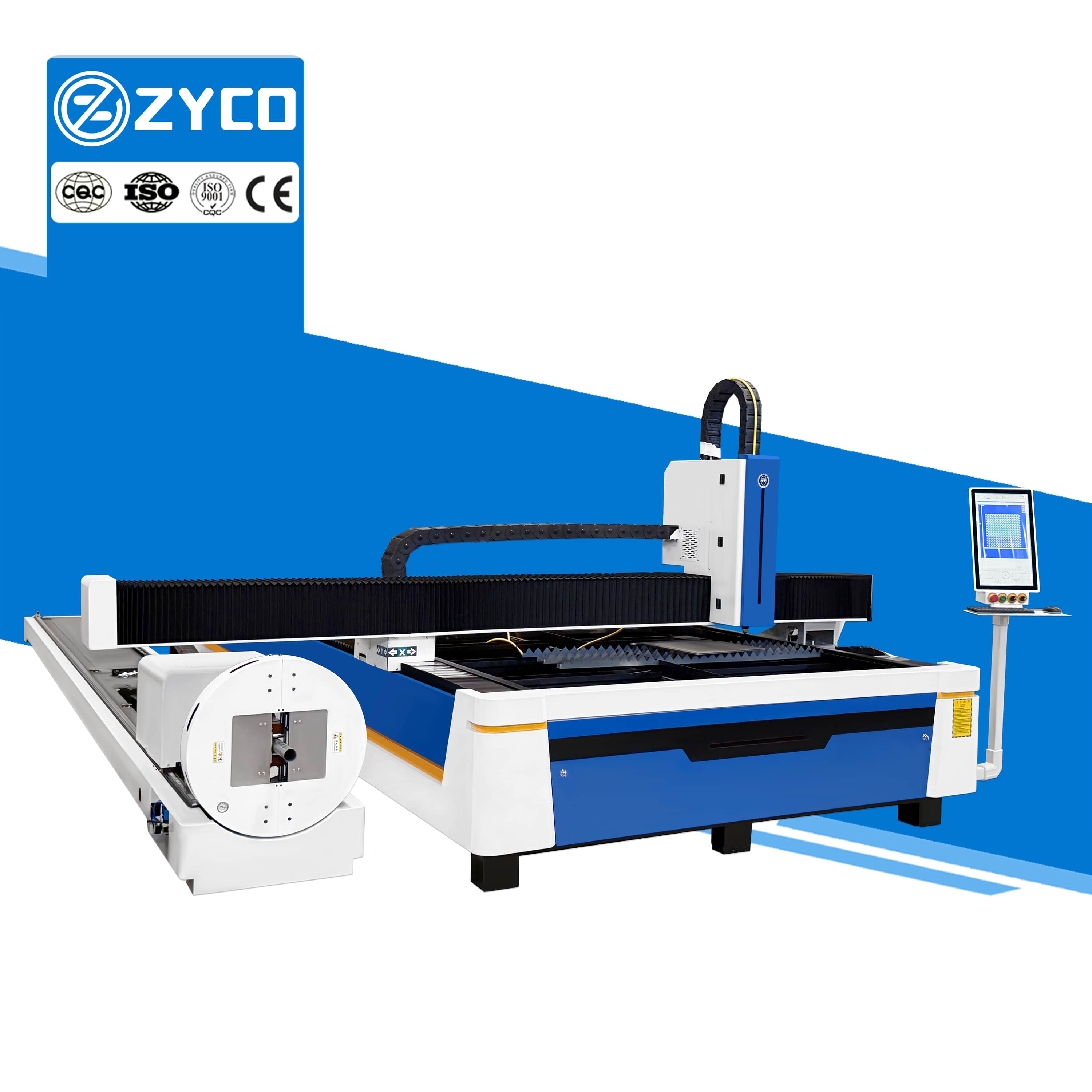 Macchina da taglio laser a fibra ZYCO per lamiere e tubi metallici, macchina da taglio laser CNC per la lavorazione di lamiere.